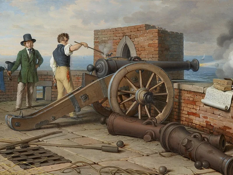 1780-Ferdinand Jagemann - Alcuni artisti sparano con un cannone contro la fortezza di Michele vicino a Osti